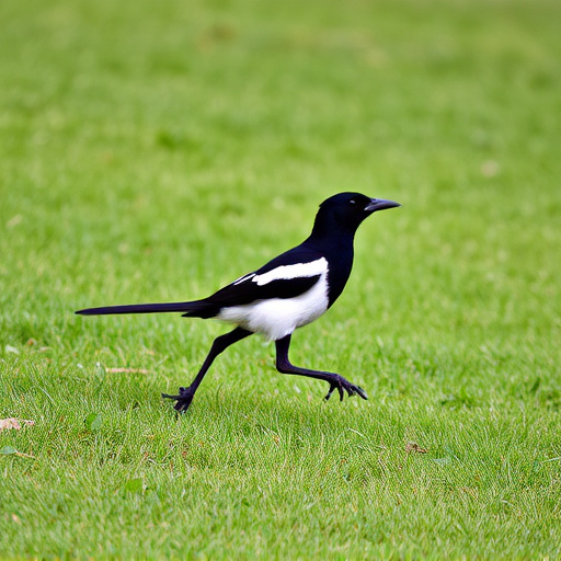Magpie strutting across grassy lawn
