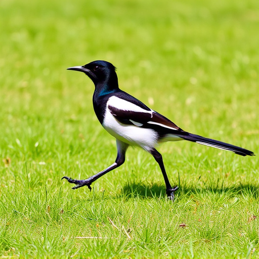Magpie strutting across grassy lawn