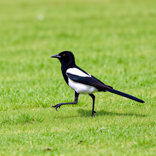 Magpie strutting across grassy lawn