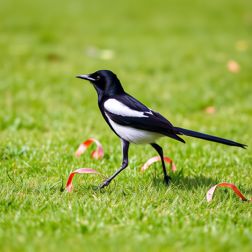 Magpie strutting across grassy lawn