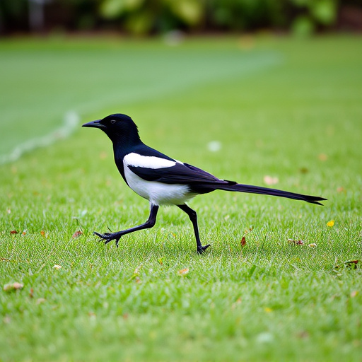 Magpie strutting across grassy lawn
