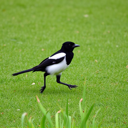 Magpie strutting across grassy lawn