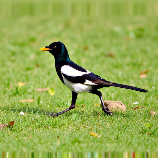 Magpie strutting across grassy lawn