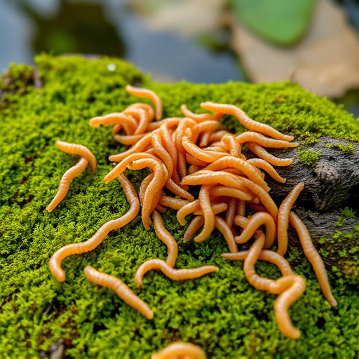 Mealworms scattered on mossy stone perch