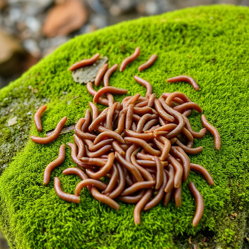 Mealworms scattered on mossy stone perch