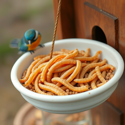 Mealworms served in low bird feeder