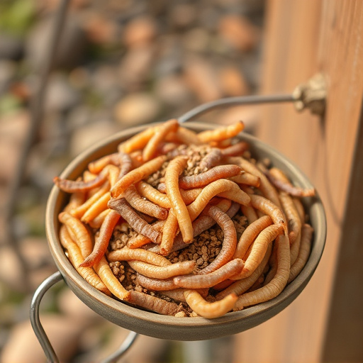 Mealworms served in low bird feeder