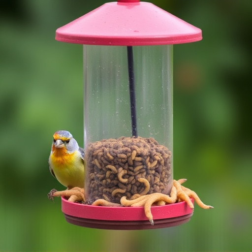 Mealworms served in low bird feeder