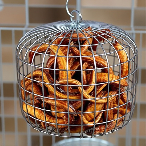 Mesh cage feeder filled with mealworms