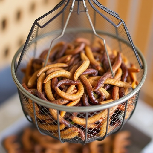 Mesh cage feeder filled with mealworms