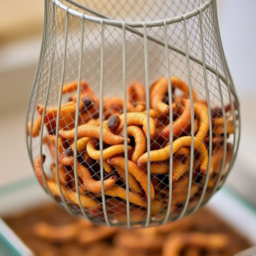 Mesh cage feeder filled with mealworms