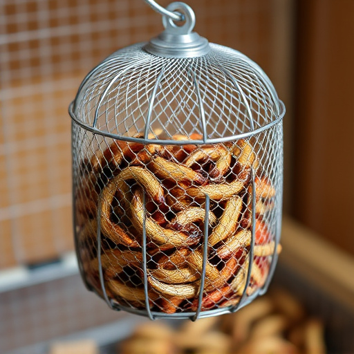 Mesh cage feeder filled with mealworms