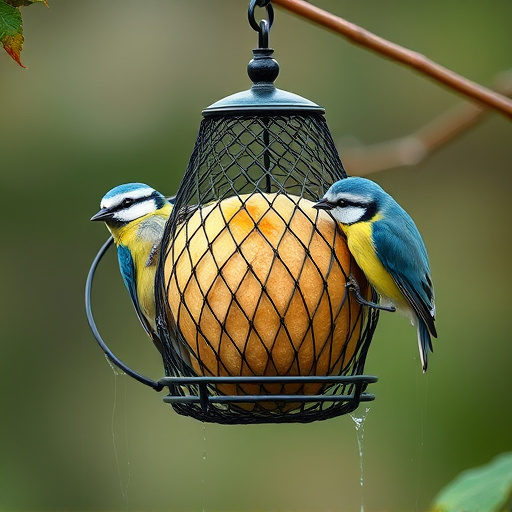 Mesh fat ball feeder with blue tits