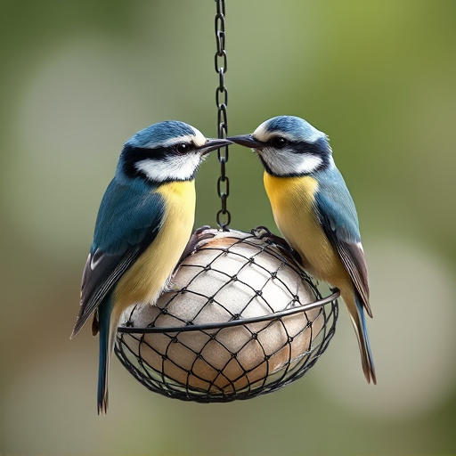 Mesh fat ball feeder with blue tits