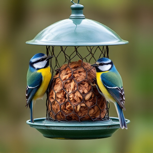 Mesh fat ball feeder with blue tits
