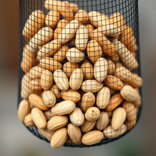 Mesh feeder filled with whole peanuts
