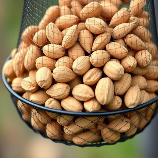 Mesh feeder filled with whole peanuts