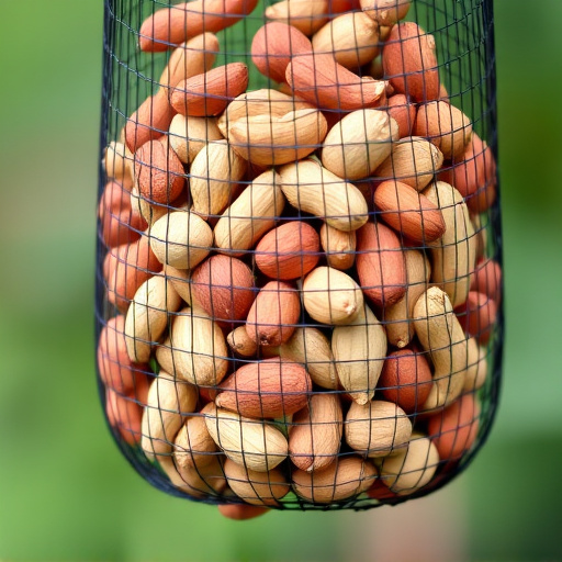 Mesh feeder filled with whole peanuts