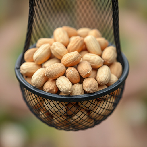 Mesh feeder filled with whole peanuts