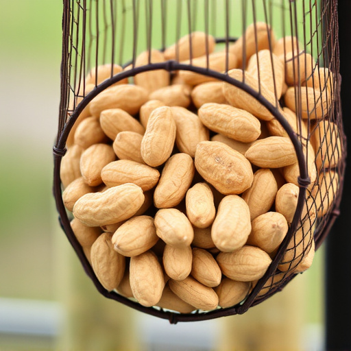 Mesh feeder filled with whole peanuts