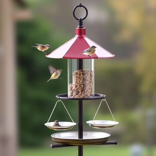 Metal bird feeder pole with hanging trays