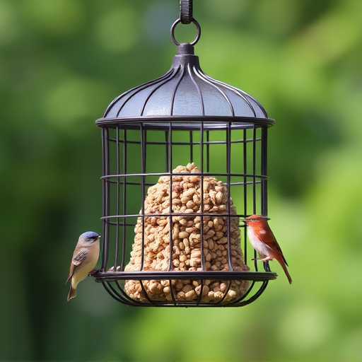 Metal cage bird feeder with seed