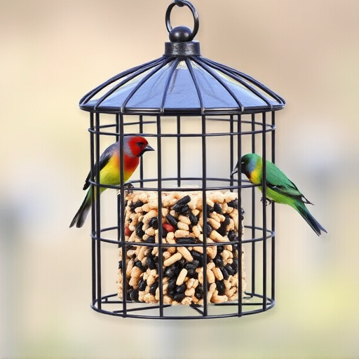 Metal cage bird feeder with seed