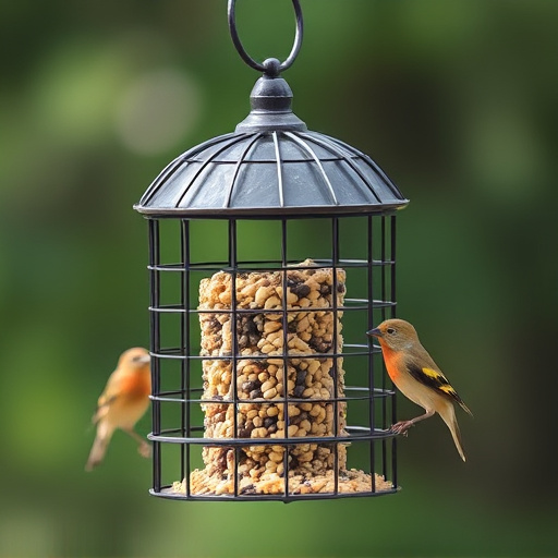 Metal cage bird feeder with seed