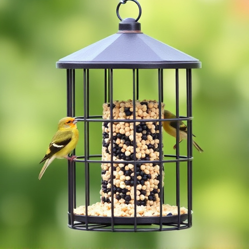 Metal cage bird feeder with seed
