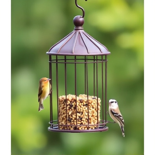 Metal cage bird feeder with seed