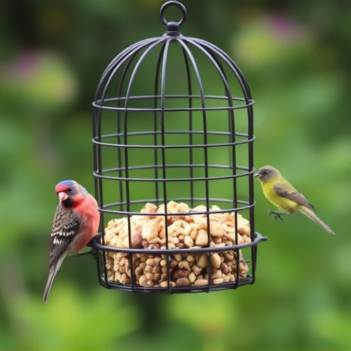 Metal cage bird feeder with seed
