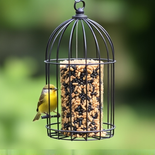Metal cage bird feeder with seed