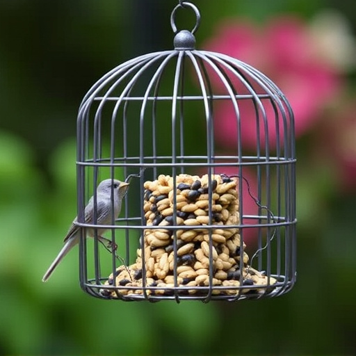Metal cage bird feeder with seed