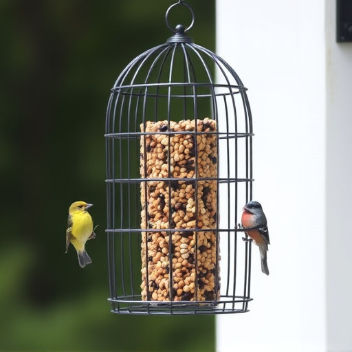 Metal cage bird feeder with seed