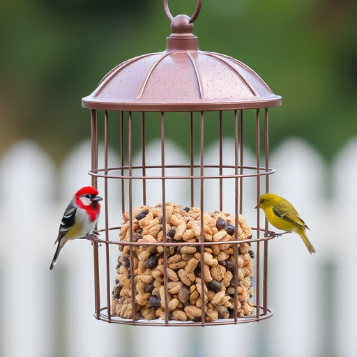 Metal cage bird feeder with seed