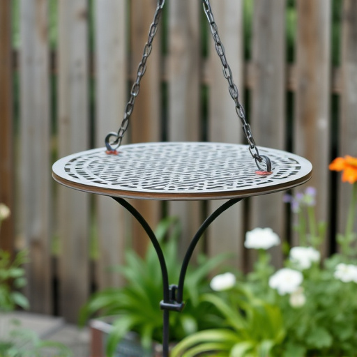 Metal hanging table near garden fence
