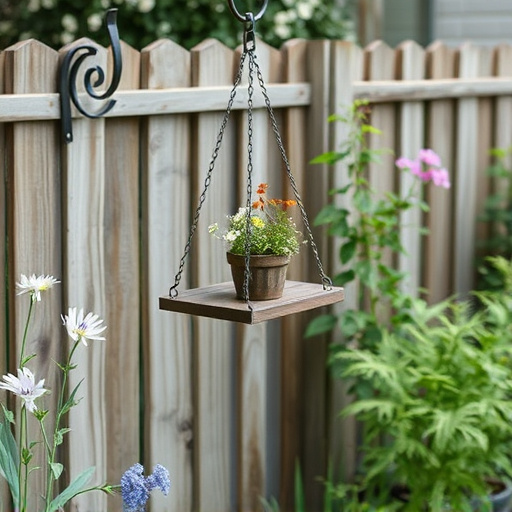 Metal hanging table near garden fence