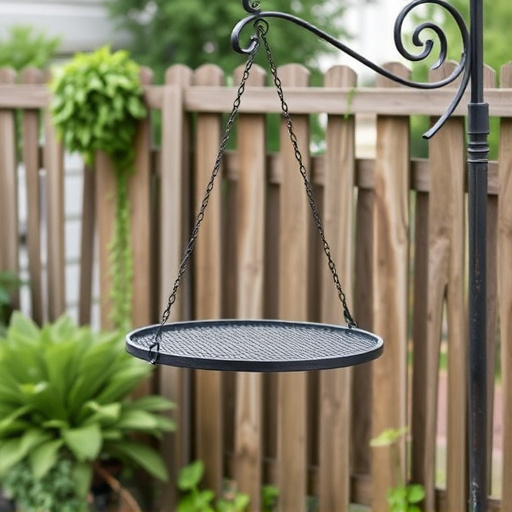 Metal hanging table near garden fence