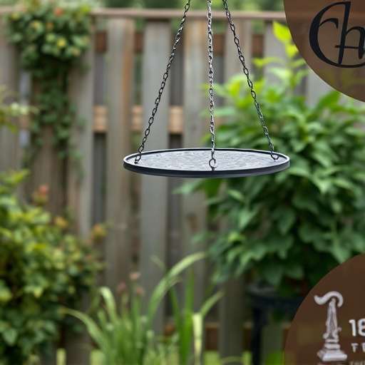Metal hanging table near garden fence