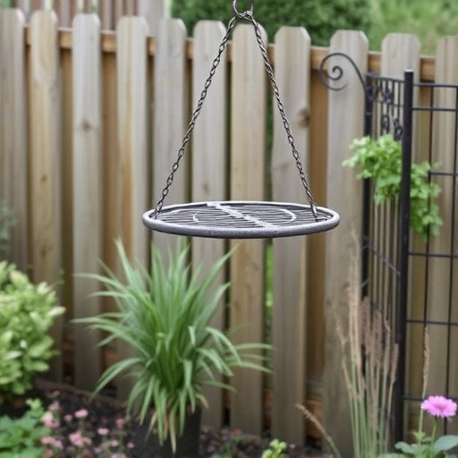 Metal hanging table near garden fence