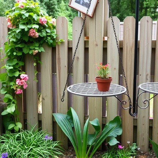 Metal hanging table near garden fence