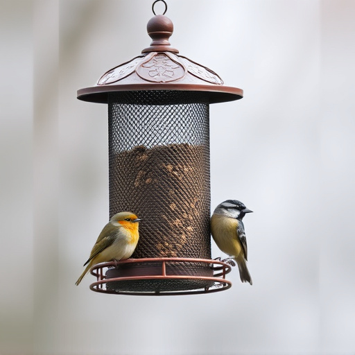 Metal mesh bird feeder with small birds