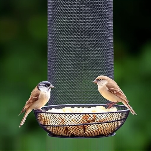 Metal mesh bird feeder with small birds