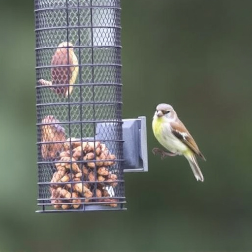Metal mesh bird feeder with small birds