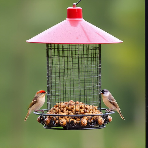 Metal mesh bird feeder with small birds