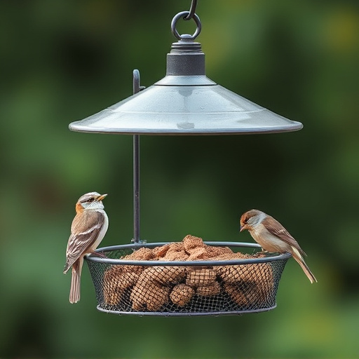 Metal mesh bird feeder with small birds