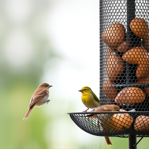 Metal mesh bird feeder with small birds