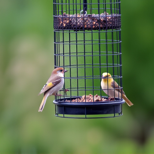 Metal mesh bird feeder with small birds