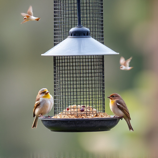 Metal mesh bird feeder with small birds