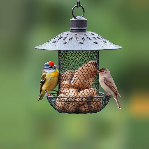 Metal mesh bird feeder with small birds